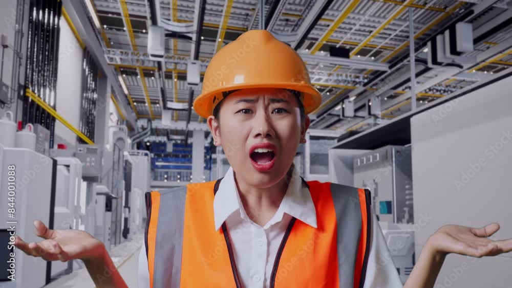 Close Up Of Wondering Asian Female Engineer With Safety Helmet Saying Why Working Doubtfully At Factory Digitalization Close Up Of Wondering Asian Female Engineer With Safety Helmet Saying Why Working Doubtfully At Factory Digitalization
