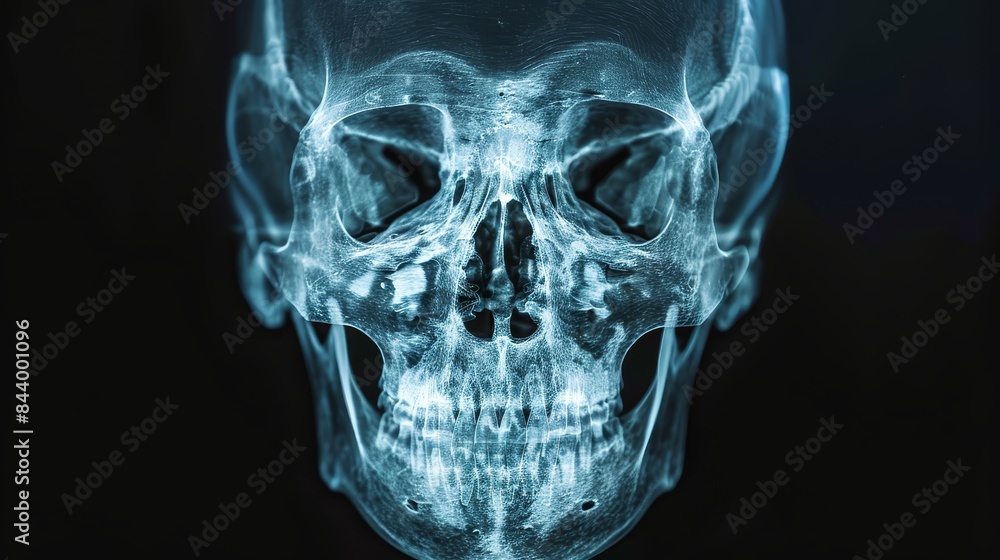 Detailed X-ray of a human skull, highlighting intricate cranial structures on a dark background, emphasizing skeletal anatomy Detailed X-ray of a human skull, highlighting intricate cranial structures on a dark background, emphasizing skeletal anatomy