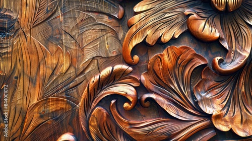 Detailed view of a wooden surface with intricate carving, showcasing vibrant colors and natural grain patterns, merging artistry with nature photo