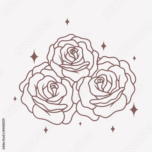 Moon with roses, line minimalistic vector boho art