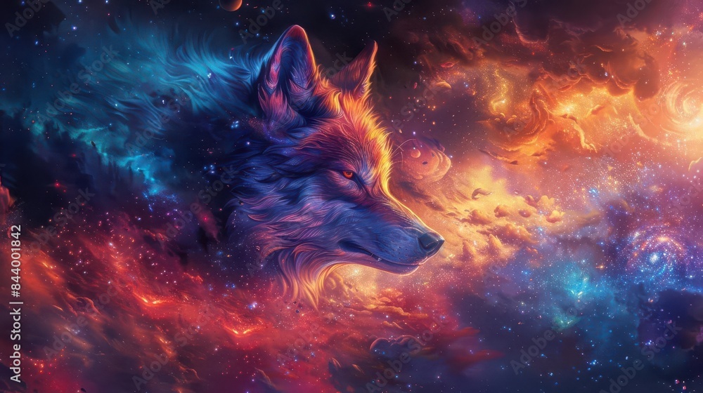 Majestic Wolf in Galactic Colors: Cosmic Canine Surrounded by Vibrant Nebulae Majestic Wolf in Galactic Colors: Cosmic Canine Surrounded by Vibrant Nebulae