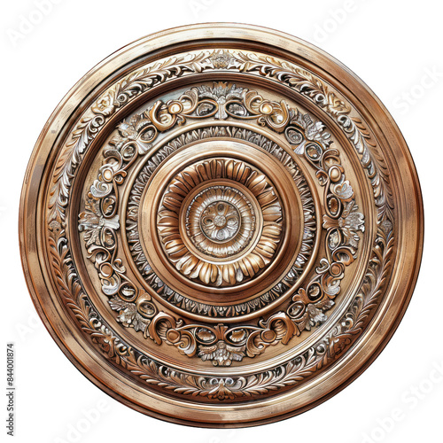 Detailed wooden carving of a circular medallion with elaborate patterns, isolated on a transparent grid
