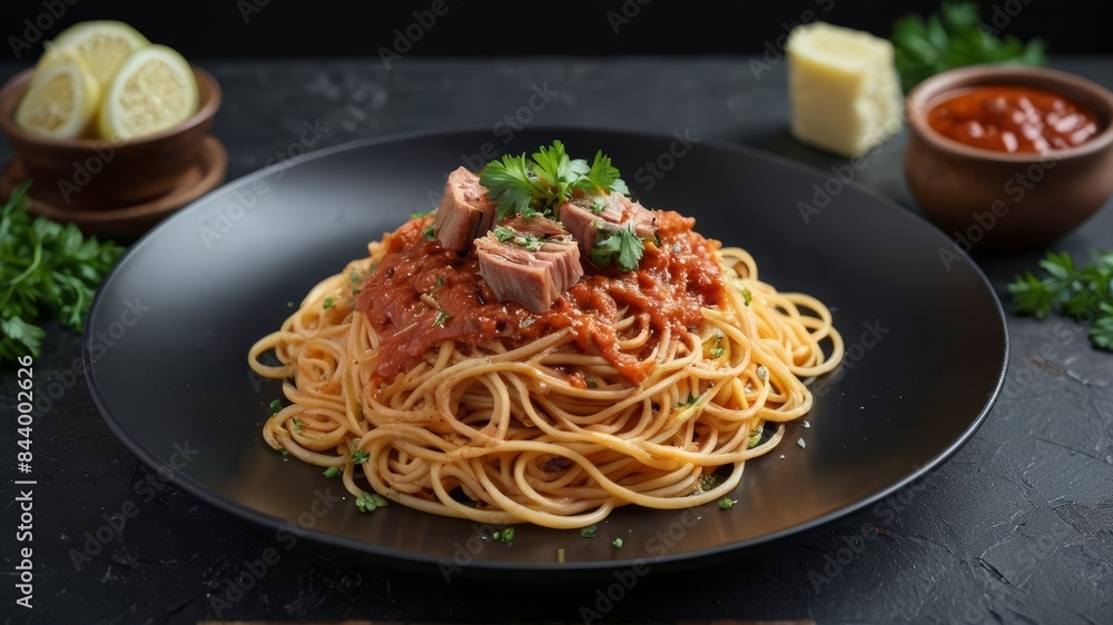 Photorealistic Ultra Realistic Spaghetti with Tuna, Tomato Sauce, and Parsley, Served on a Plate on a Black Stone Surface Photorealistic Ultra Realistic Spaghetti with Tuna, Tomato Sauce, and Parsley, Served on a Plate on a Black Stone Surface