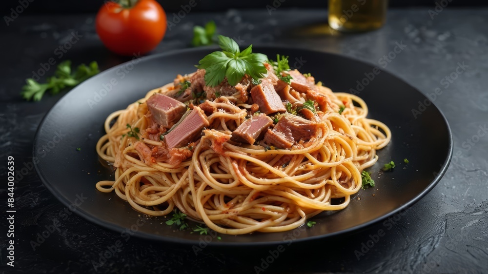 Photorealistic Ultra Realistic Spaghetti with Tuna, Tomato Sauce, and Parsley, Served on a Plate on a Black Stone Surface Photorealistic Ultra Realistic Spaghetti with Tuna, Tomato Sauce, and Parsley, Served on a Plate on a Black Stone Surface