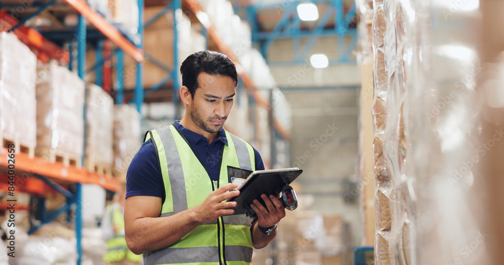 Man, boxes and scanner with tablet in logistics, e commerce or inventory of order or courier solution. Serious industrial worker with digital software for price check, information or package schedule