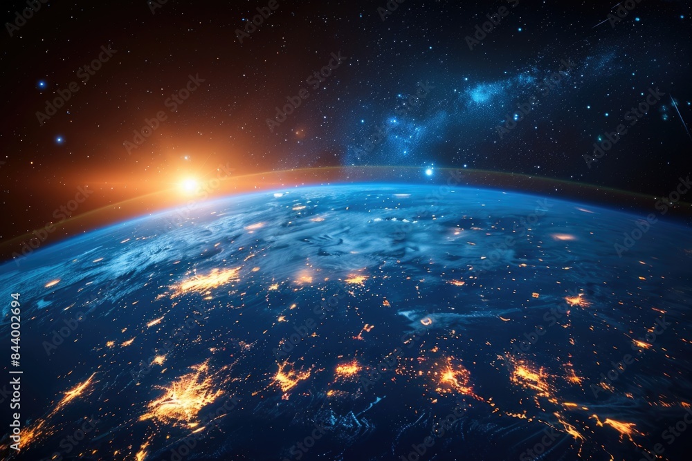 Fototapeta premium Global View of Earth with Stars and Sunlight in Space