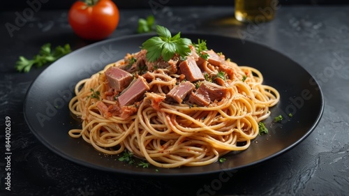 Photorealistic Ultra Realistic Spaghetti with Tuna, Tomato Sauce, and Parsley, Served on a Plate on a Black Stone Surface