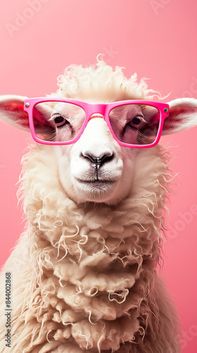 A sheep wearing pink sunglasses. a fun and playful appearance, while the pink background adds a touch of whimsy to the scene. Funny white sheep wearing pink sunglasses on pink background