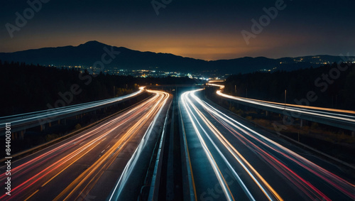 Long exposure shot capturing the mesmerizing light trails of vehicles on a nighttime highway.