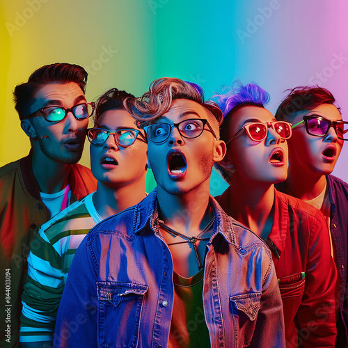 A group of people, each with a unique hairstyle, standing against a rainbow-colored backdrop, all wearing stylish glasses and looking surprised.