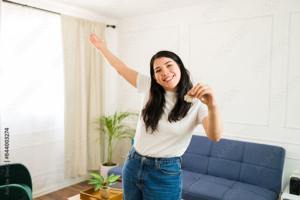 Caucasian young woman joyfully welcoming you to her new house, radiating positivity and happiness Caucasian young woman joyfully welcoming you to her new house, radiating positivity and happiness