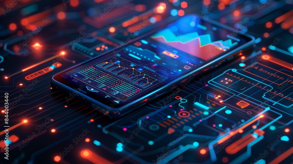 Application of Smartphone with business graph and analytics data on isometric mobile phone. Application of Smartphone with business graph and analytics data on isometric mobile phone.