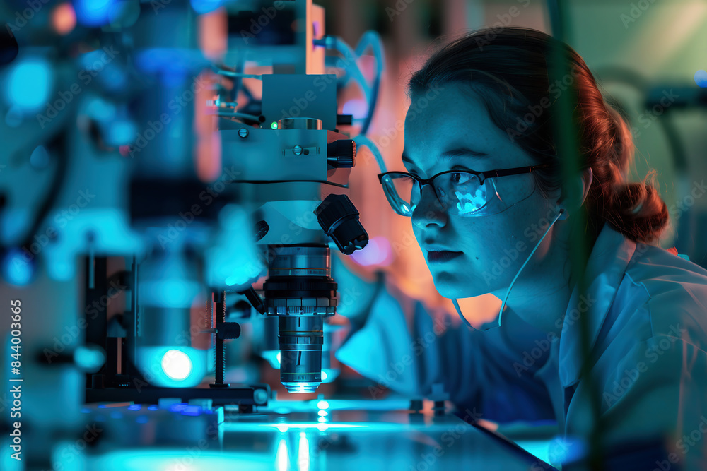 Female, Glasses, Tech, Microchips, Microscope With Blue Light, Shot, Cinematic Female, Glasses, Tech, Microchips, Microscope With Blue Light, Shot, Cinematic