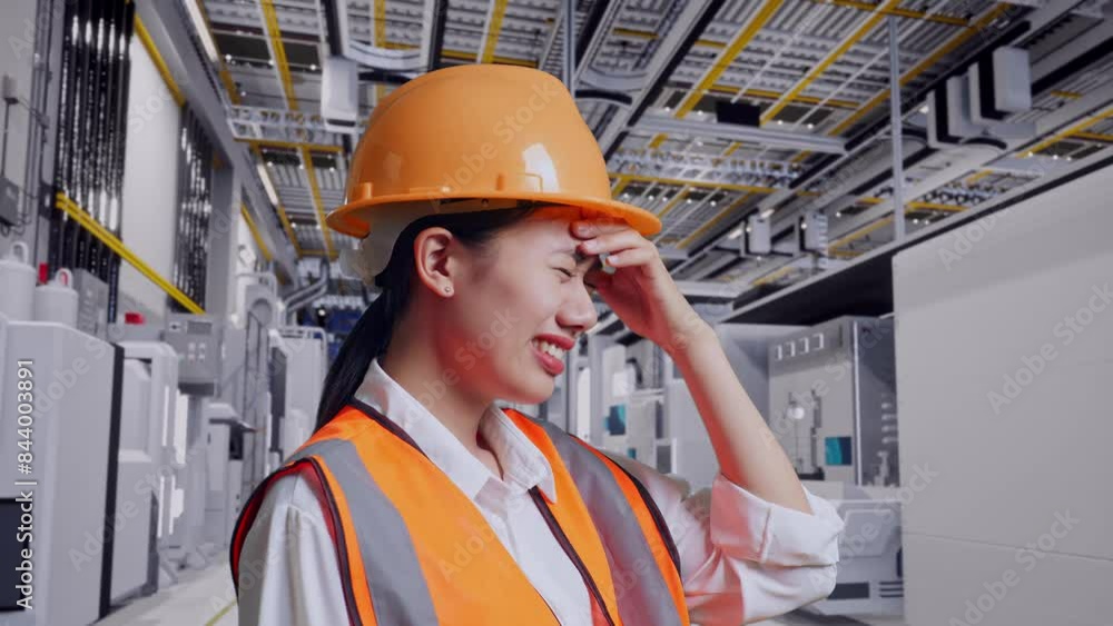 Close Up Side View Of Asian Female Engineer With Safety Helmet Having A Headache While Working At Factory Digitalization Close Up Side View Of Asian Female Engineer With Safety Helmet Having A Headache While Working At Factory Digitalization