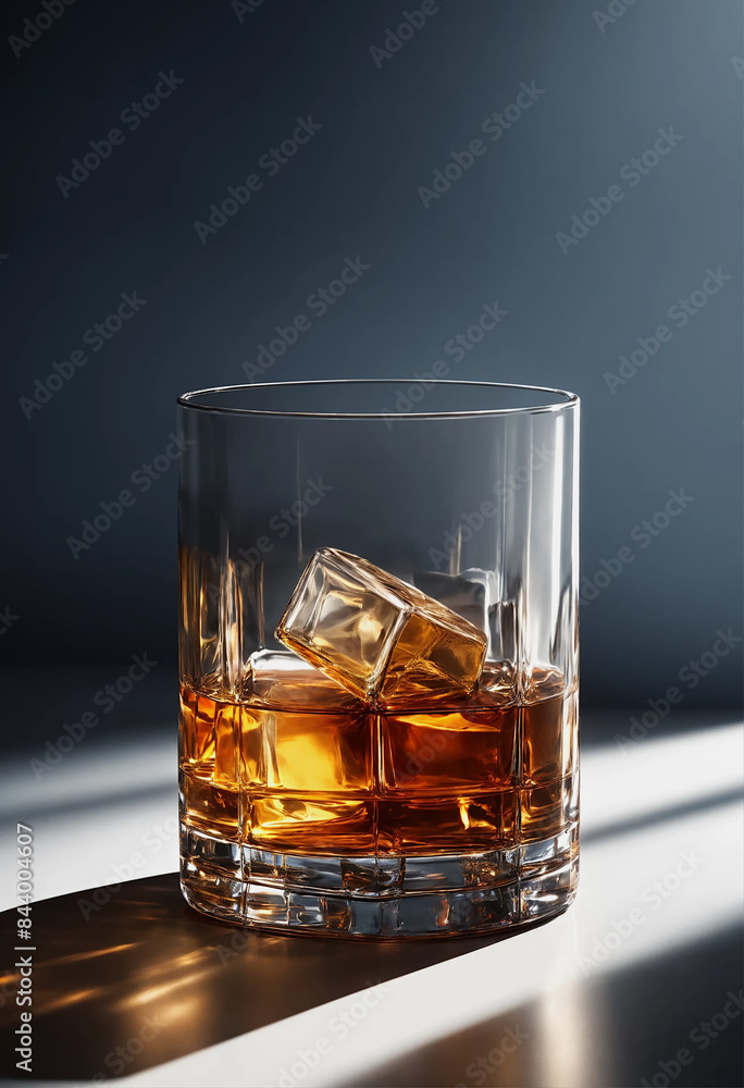 A glass nearly filled with amber liquid and three ice cubes sits on a table.
A glass nearly filled with amber liquid and three ice cubes sits on a table.