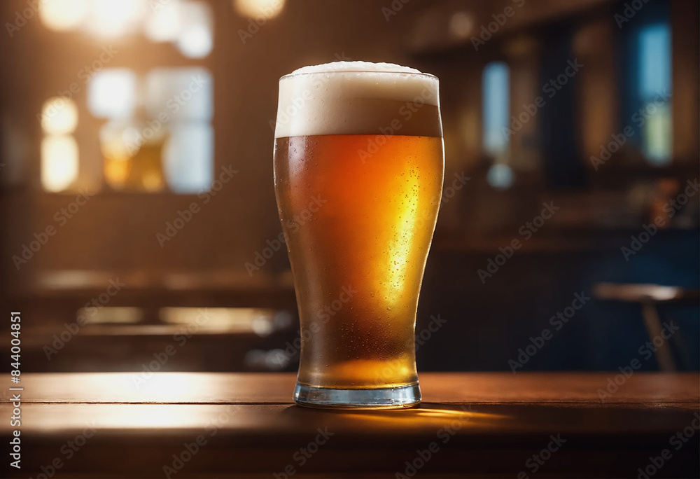 A glass of beer on a bar counter.
A glass of beer on a bar counter.