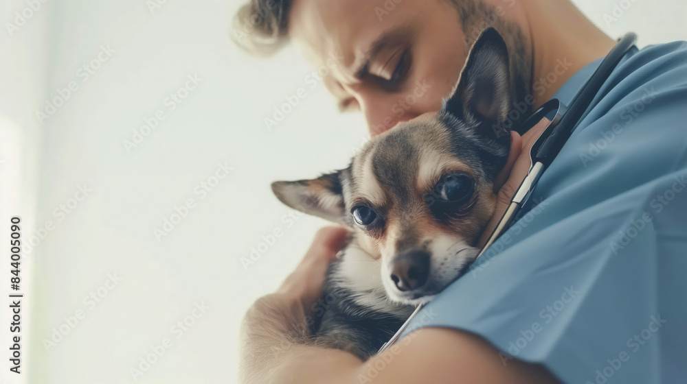 Vet holding a dog, copy space. Professional pet treatment and medical checkup Vet holding a dog, copy space. Professional pet treatment and medical checkup