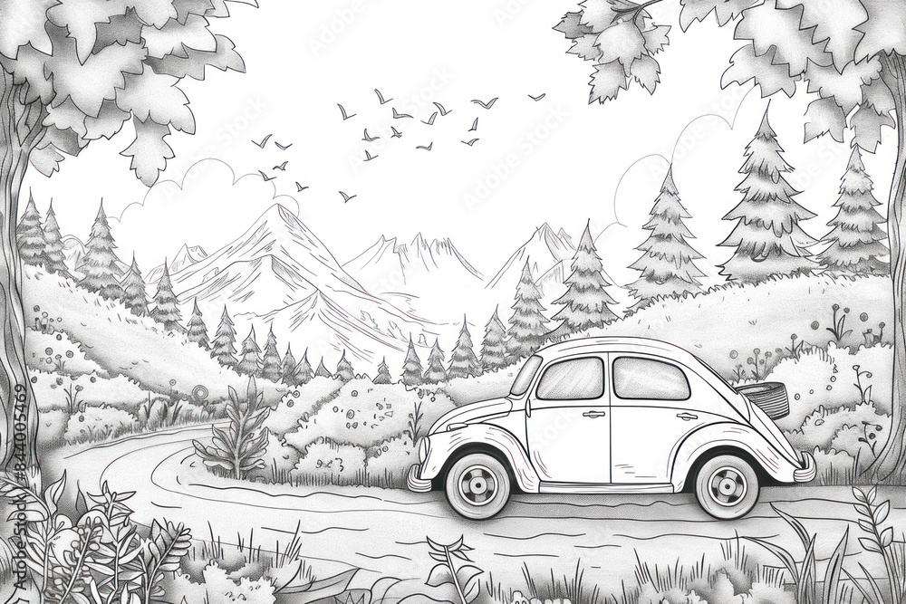Obraz premium Car running and background beautiful nature, colouring page.