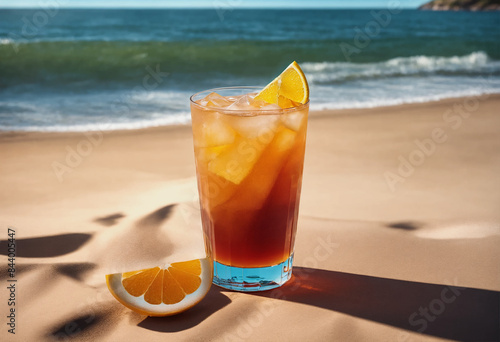 A tall glass on ice with an orange slice sits on the beach with the ocean in the background.  