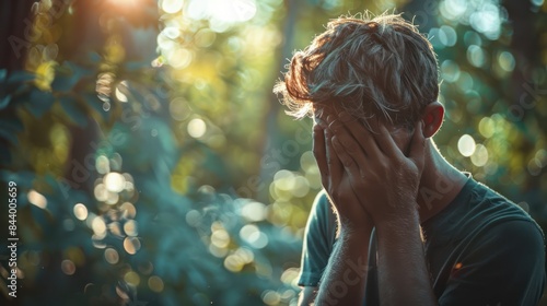 Man in Distress: Expressing Sadness and Exhaustion Against Sunlit Foliage