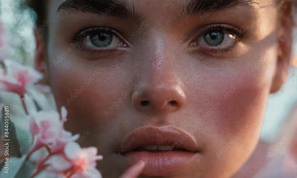 This is a picture of a woman's face. She has light skin, dark eyebrows, and light blue eyes. She is wearing light makeup and has a pink flower in her hair.
This is a picture of a woman's face. She has light skin, dark eyebrows, and light blue eyes. She is wearing light makeup and has a pink flower in her hair.
