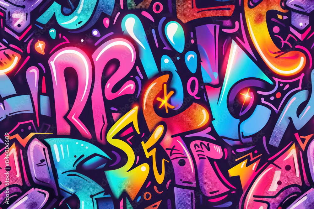 Fototapeta premium Seamless urban typography hipster street art graffiti wall slogan pattern with neon color.