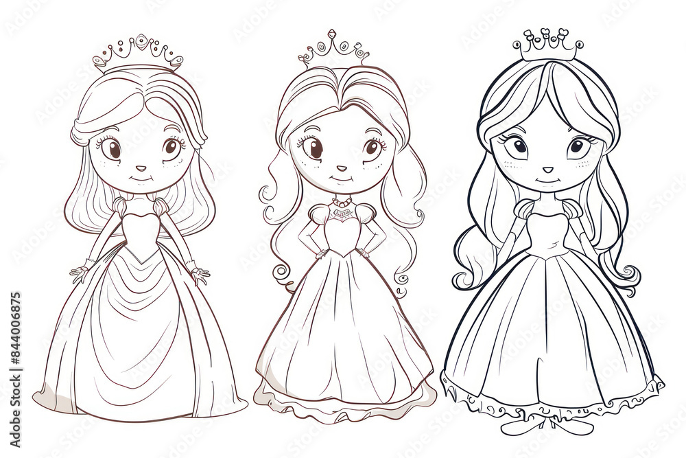 Princess coloring book, outlines sketch. Line art of little princess, coloring book page. Princess coloring book, outlines sketch. Line art of little princess, coloring book page.