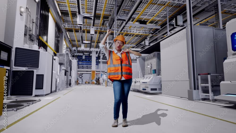 Full Body Of Asian Female Engineer With Safety Helmet Screaming Goal And Dancing Celebrating At Factory Digitalization Full Body Of Asian Female Engineer With Safety Helmet Screaming Goal And Dancing Celebrating At Factory Digitalization
