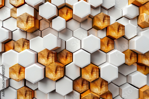 Panel kuchenny z motywem Futuristic 3D geometric pattern composed of hexagons with a luxurious white, gold and wood color.