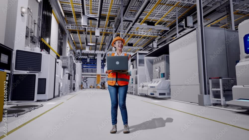 Full Body Of Asian Female Engineer With Safety Helmet Working On A Laptop And Looking Around While Standing At Factory Digitalization Full Body Of Asian Female Engineer With Safety Helmet Working On A Laptop And Looking Around While Standing At Factory Digitalization