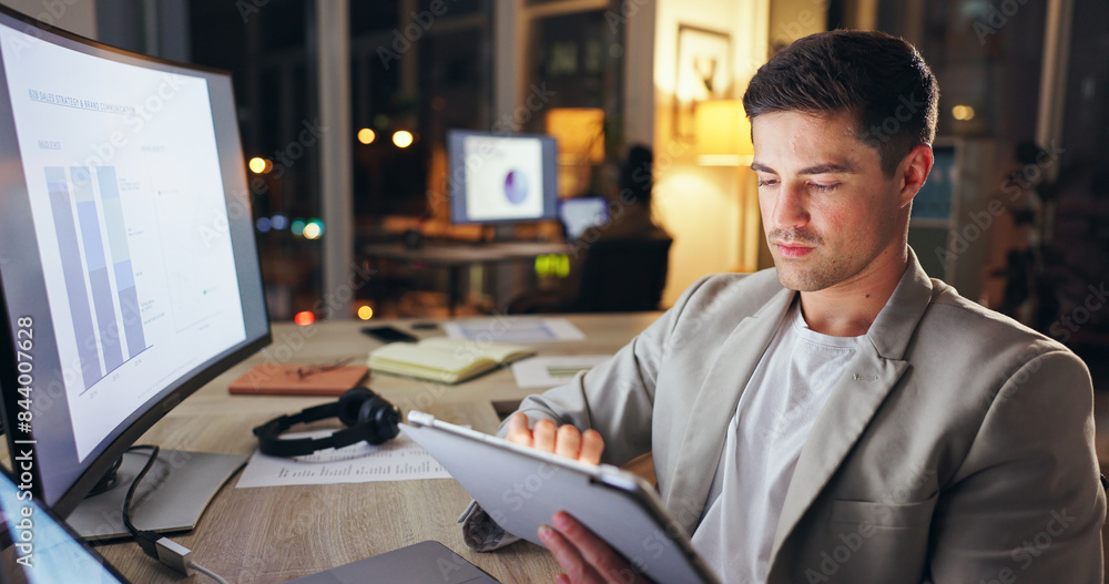 Fototapeta premium Businessman, working and night office with tablet, statistical analyst and analyzing project or sales report on computer. Online, graphs and internet research, overtime and email stats in workplace