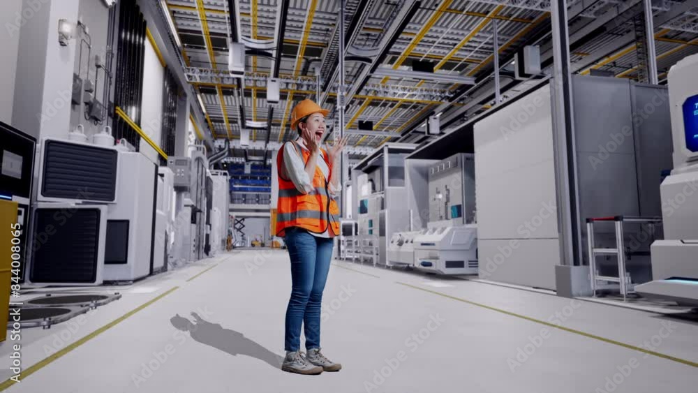 Full Body Side View Of Asian Female Engineer With Safety Helmet Smiling To Camera And Saying Wow While Standing At Factory Digitalization Full Body Side View Of Asian Female Engineer With Safety Helmet Smiling To Camera And Saying Wow While Standing At Factory Digitalization