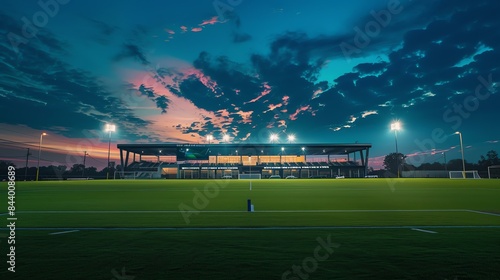 A wide shot of a soccer field at dusk. The sky is a deep blue, and the clouds are a light pink. The field is green and lush, and the stands are empty.