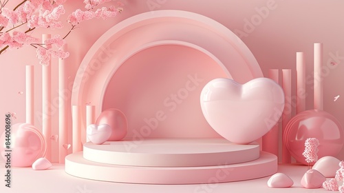 3D rendering of a pink podium with a heart-shaped balloon on it.