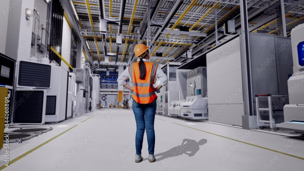 Full Body Back View Of A Female Engineer Wearing Safety Helmet Looking Around While Standing With Arms Akimbo At Factory Digitalization Full Body Back View Of A Female Engineer Wearing Safety Helmet Looking Around While Standing With Arms Akimbo At Factory Digitalization