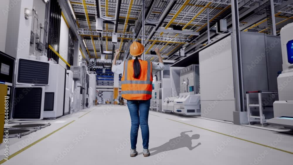 Full Body Back View Of A Female Engineer With Safety Helmet Raising Her Hands Celebrating While Working At Factory Digitalization Full Body Back View Of A Female Engineer With Safety Helmet Raising Her Hands Celebrating While Working At Factory Digitalization