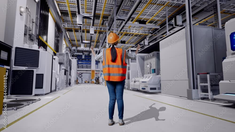 Full Body Back View Of A Female Engineer With Safety Helmet Spreading Arms While Standing At Factory Digitalization Full Body Back View Of A Female Engineer With Safety Helmet Spreading Arms While Standing At Factory Digitalization