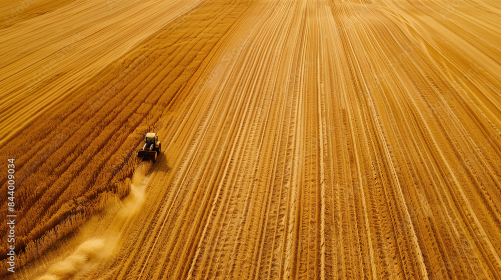 Harvester Cutting Through Golden Wheat with Symmetrical Lines Harvester Cutting Through Golden Wheat with Symmetrical Lines