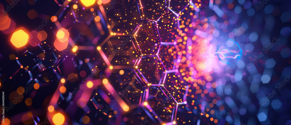 A colorful image of a glowing hexagon with a blue dot in the middle A colorful image of a glowing hexagon with a blue dot in the middle