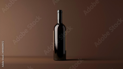 A bottle of red wine on a brown background. The bottle is dark green and has a black cap. The bottle is labeled with a white label.