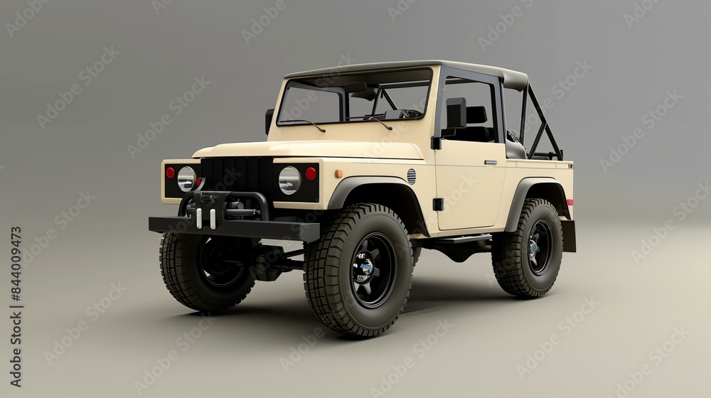 **Image description:**  This is a 3D rendering of a generic off-road vehicle. It is a four-door vehicle with a black roof and black wheels.