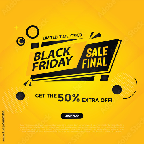 Black friday sale banner with shadow on yellow background