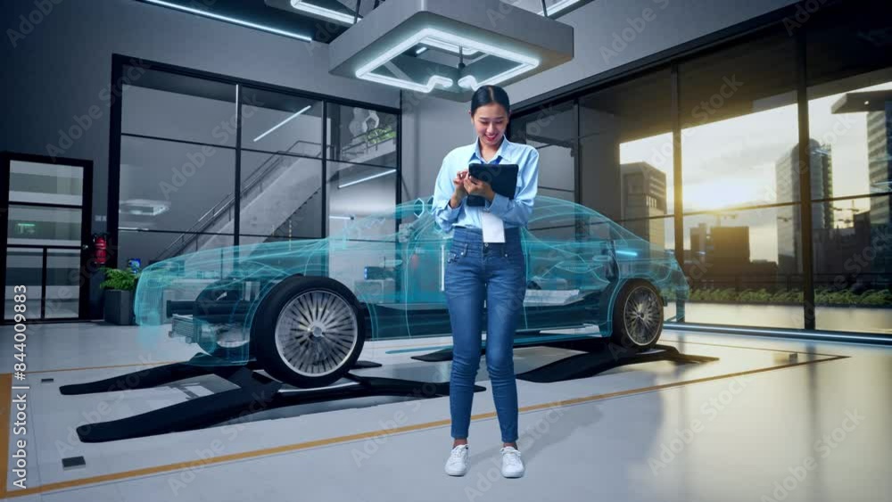 Full Body Of An Asian Female Professional Worker Standing With Her Tablet With Concept of Electric Vehicle, High-tech Industrial Facility, Typing On Her Tablet'S Keybaord With Meditation Full Body Of An Asian Female Professional Worker Standing With Her Tablet With Concept of Electric Vehicle, High-tech Industrial Facility, Typing On Her Tablet'S Keybaord With Meditation