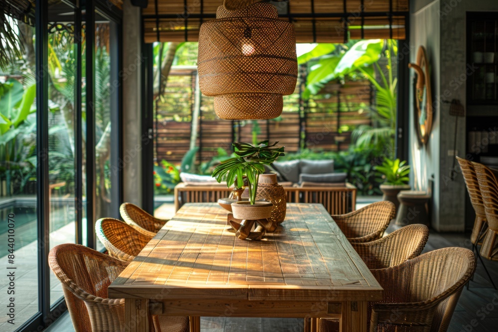 Fototapeta premium Tropical Dining Room With Wooden Table