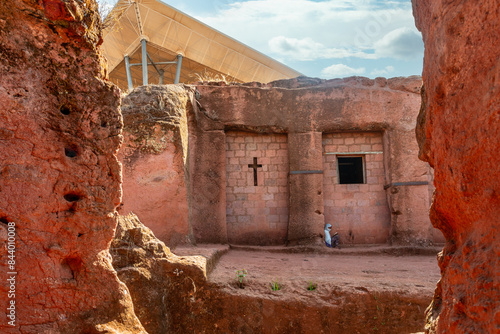 Rock cut monolithic ortodox church of Bete Qeddus Mercoreus, Lalibela, Amhara Region, Ethiopia. photo