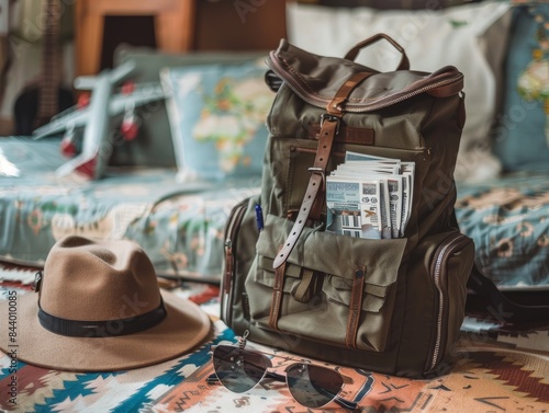 photo of travel elements, a backpack with plane tickets inside, sunglasses on the front pocket, a hat beside them, an airplane toy next to the backpack