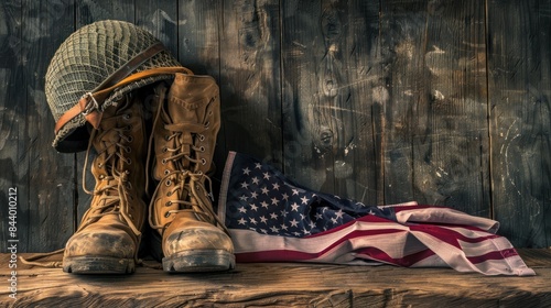 Veterans day ,Military boots, an army helmet, and a folded American flag are on a wooden plank © afridwi1999