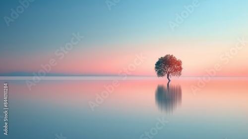 A minimalistic nature landscape with tree surrounded with desert at sunset with pink and blue background. A fantasy tree with magical view surrounded with grass area. Neutral image concept. AIG42. photo