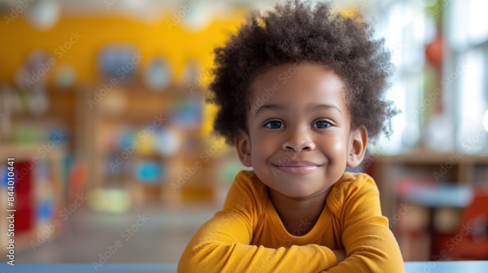 School student portrait of a young happy boy smiling in a classroom School student portrait of a young happy boy smiling in a classroom