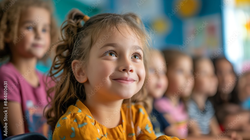 Young student in a classroom eager to learn / happy little blonde girl Young student in a classroom eager to learn / happy little blonde girl